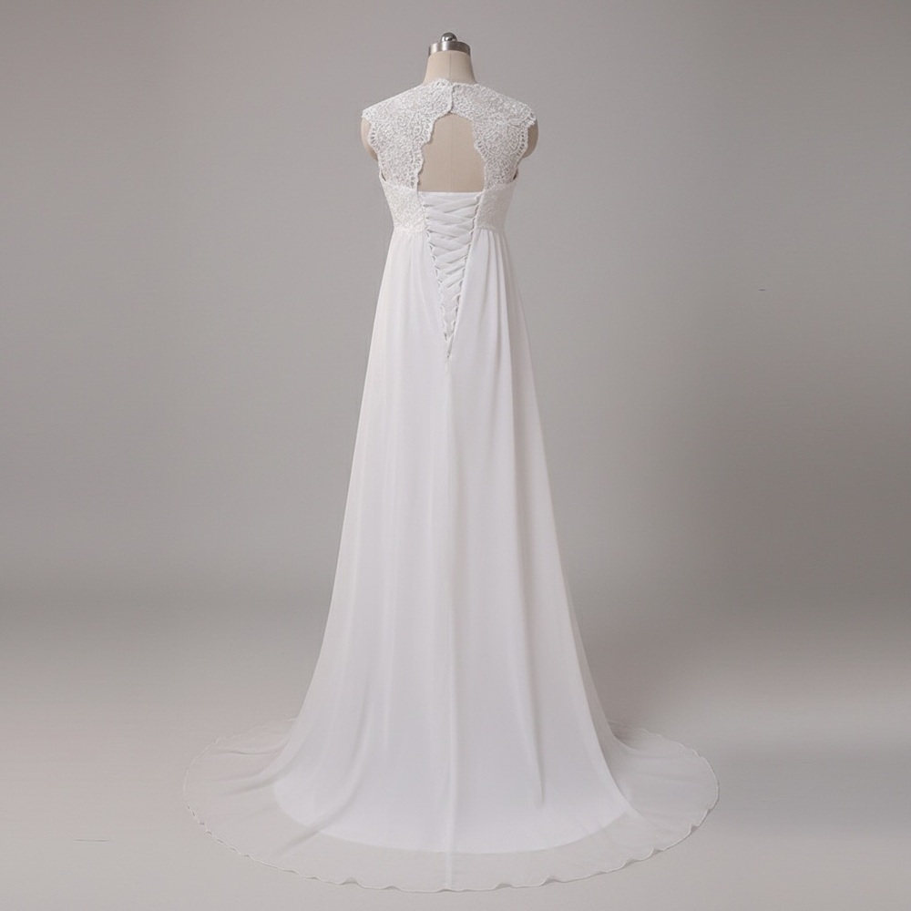 Lace Chiffon Wedding Dress Cap Sleeve A-Line Bridal Gown Corset Back sz 4 NWT